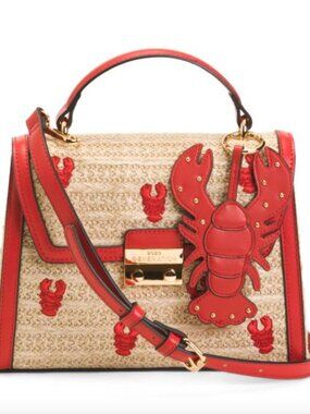 NWT BCBGENERATION Embroidered Faux Straw Crossbody With Top Handle Lobster Charm